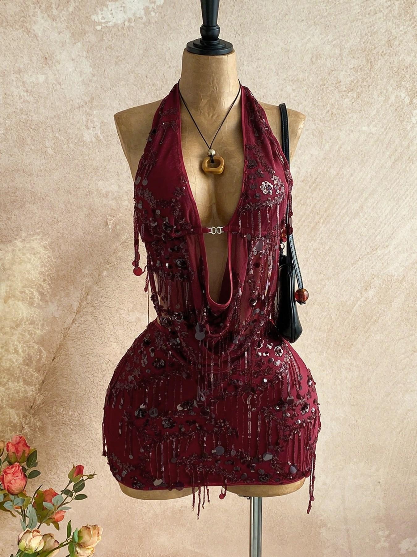 Sequin Tassel Halter Bodysuit And Cutout Figure-hugging Sheath Skirt