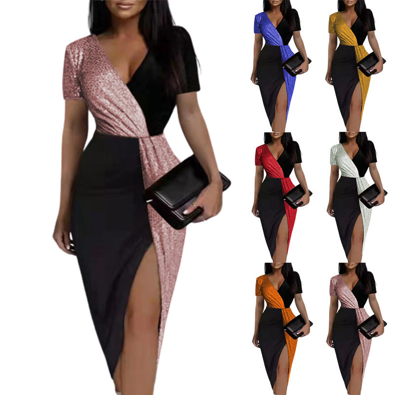 Contrast-color High-waisted Solid-color Elegant Office Dress