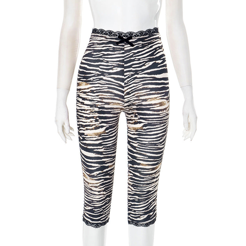 Sexy Lace Leopard Print Cropped Tight Straight-leg Pants