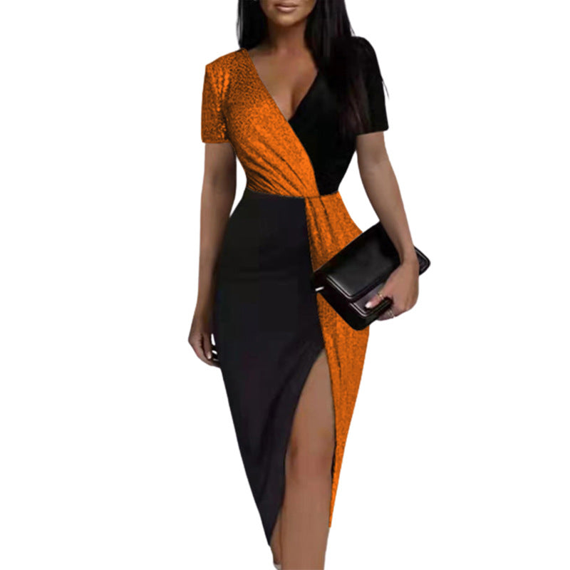 Contrast-color High-waisted Solid-color Elegant Office Dress