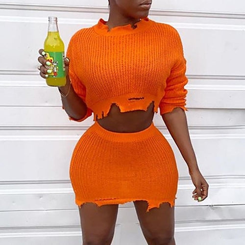Sexy knitted two piece suit sweater dress Women bodycon mini