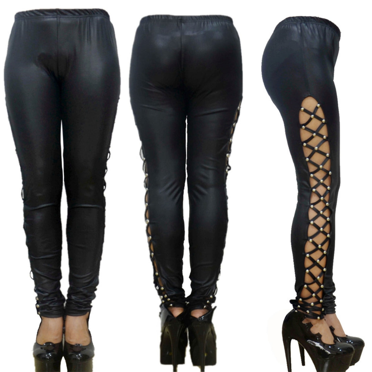 YQ After Dark Lace-Up Faux Leather Leggings