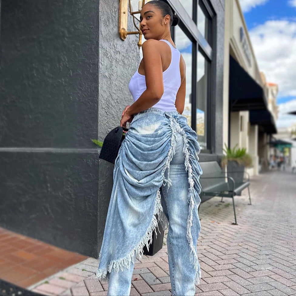 YQ Unraveled Ruched Denim Jeans