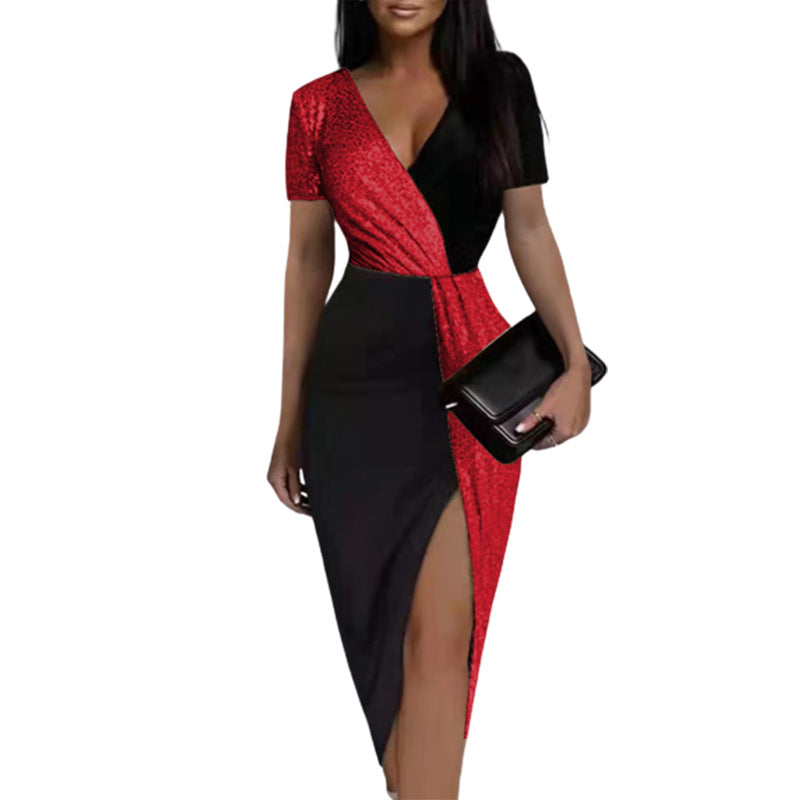 Contrast-color High-waisted Solid-color Elegant Office Dress