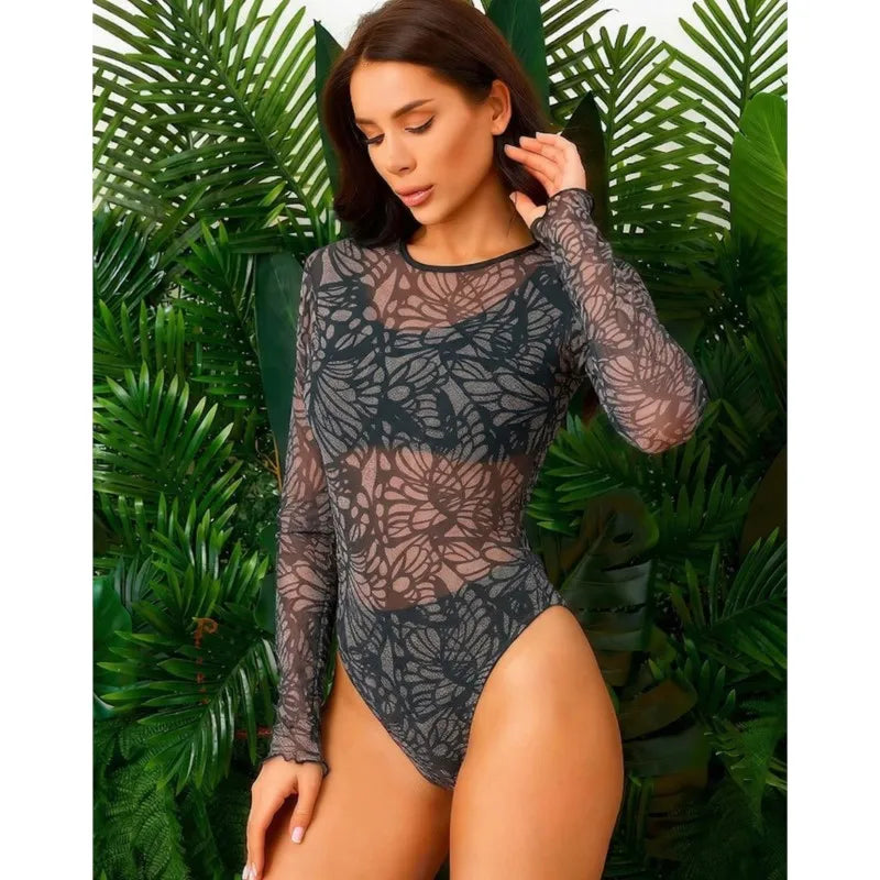 Mesh High Waist Sexy Swimsuit Women Summer Bathing Suit Bikini Set Long Sleeve Swimwear Beach Swimming Suit