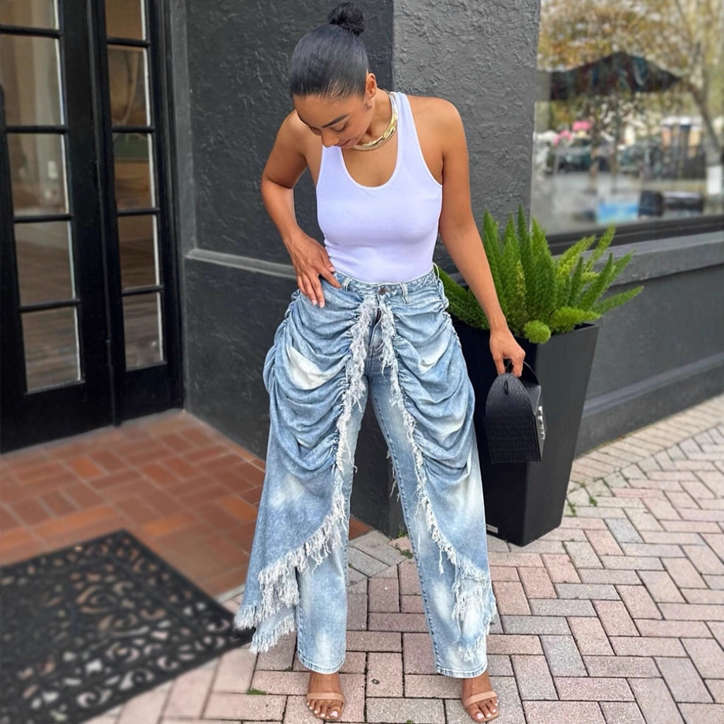 YQ Unraveled Ruched Denim Jeans