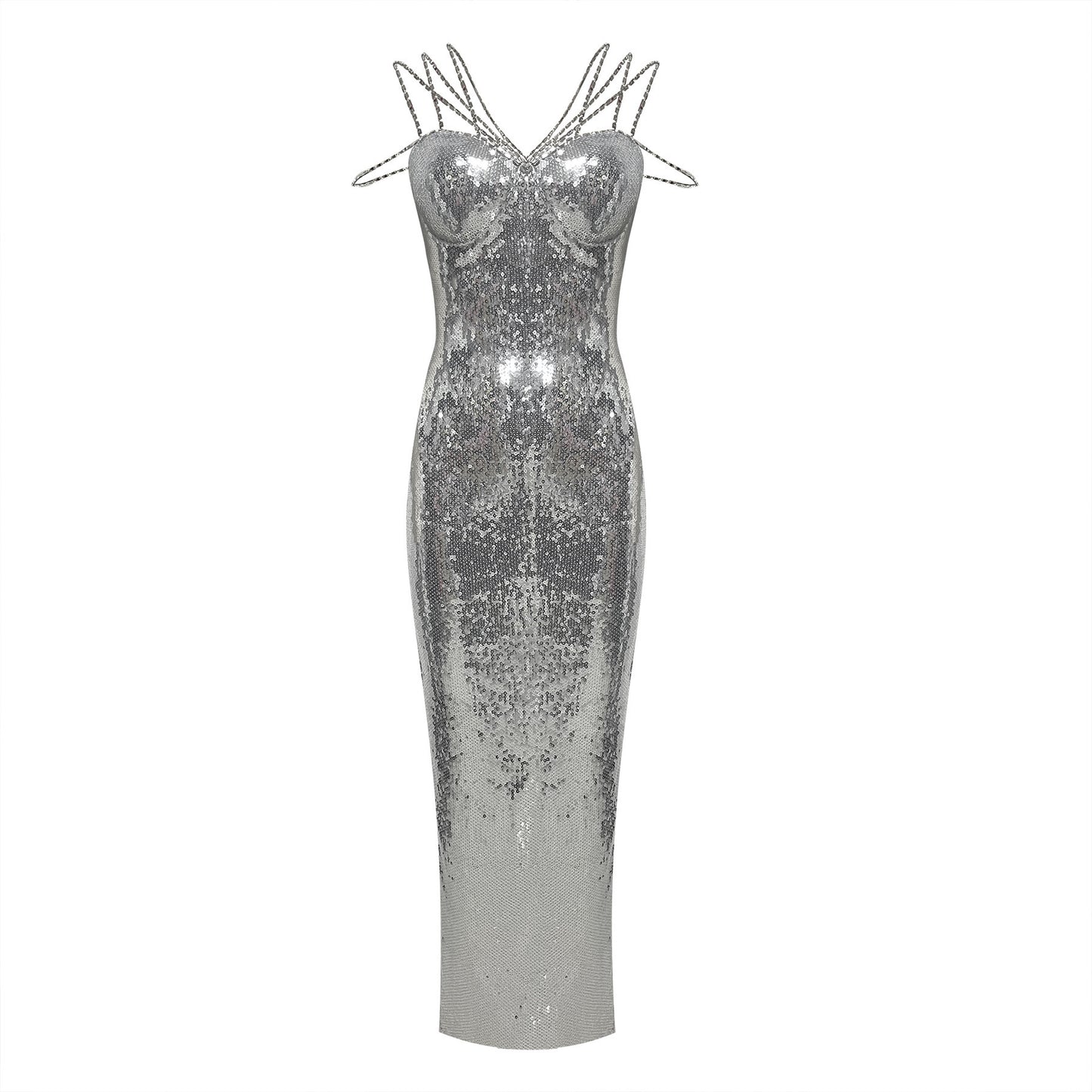 Rhinestone-chain Decorated Off-shoulder Bustier Figure-hugging Sheath Dress