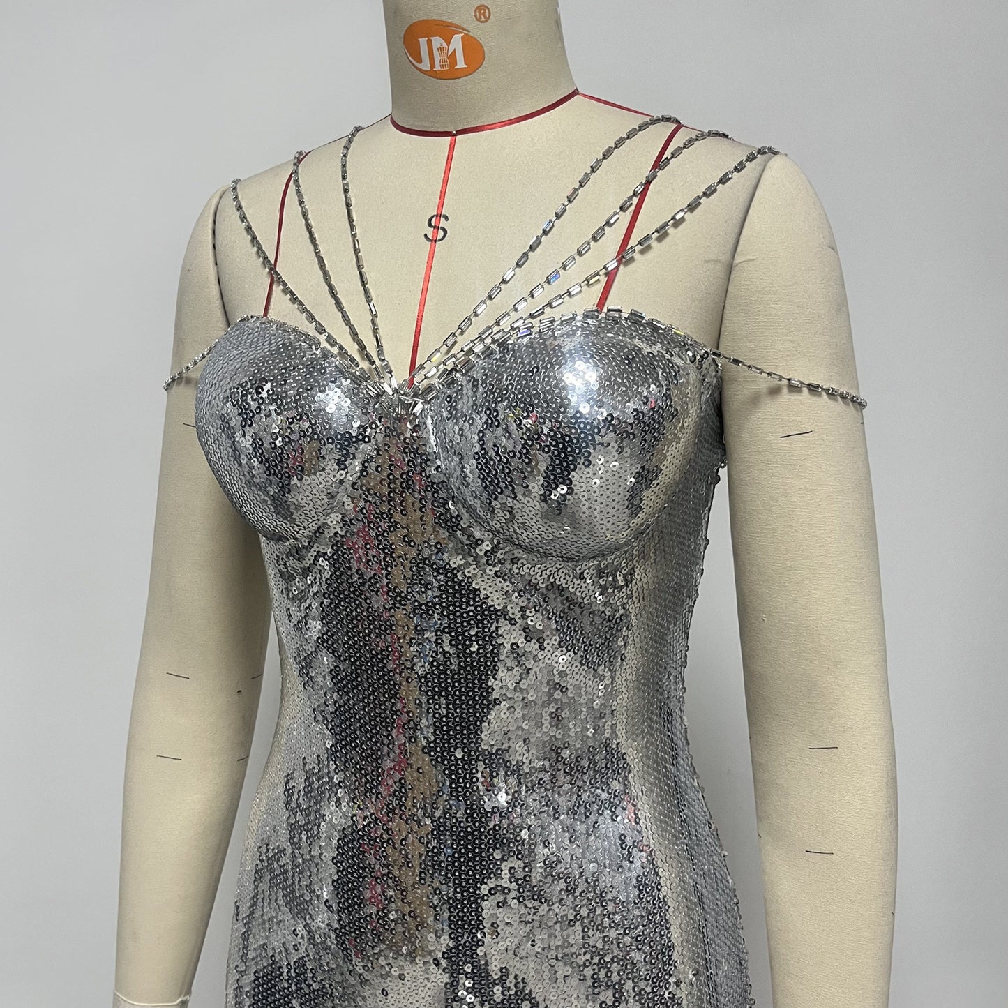Rhinestone-chain Decorated Off-shoulder Bustier Figure-hugging Sheath Dress