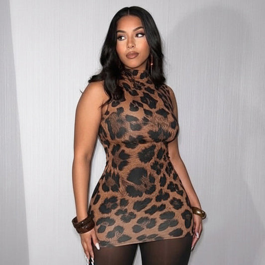 Half-high Neck Printed Sleeveless Waist-cinched Sheath Mini Dress