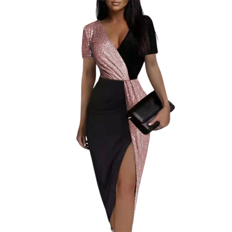 Contrast-color High-waisted Solid-color Elegant Office Dress