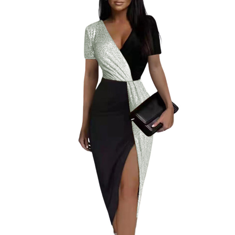 Contrast-color High-waisted Solid-color Elegant Office Dress