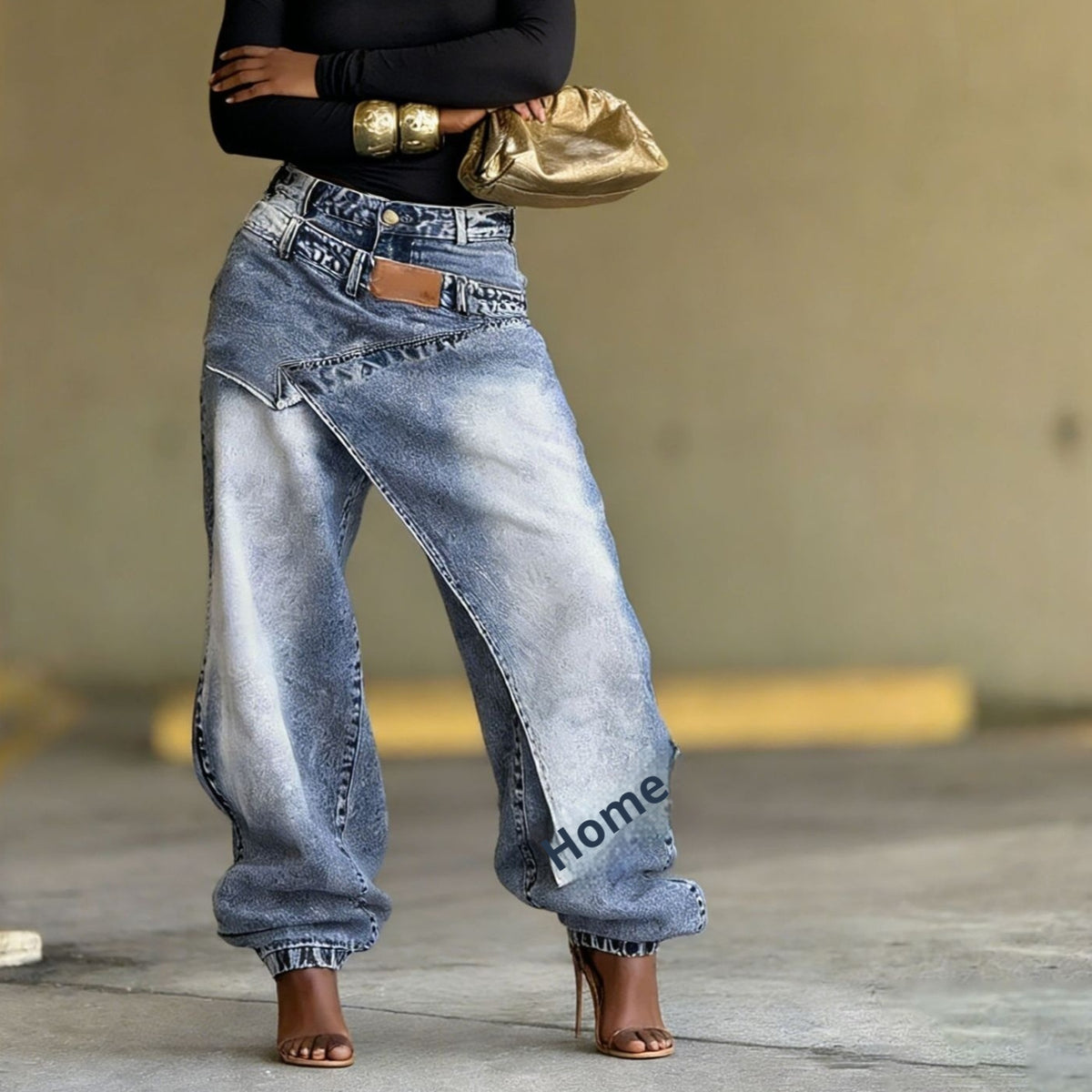 YQ Deconstructed Wide-Leg Denim-Look Jeans