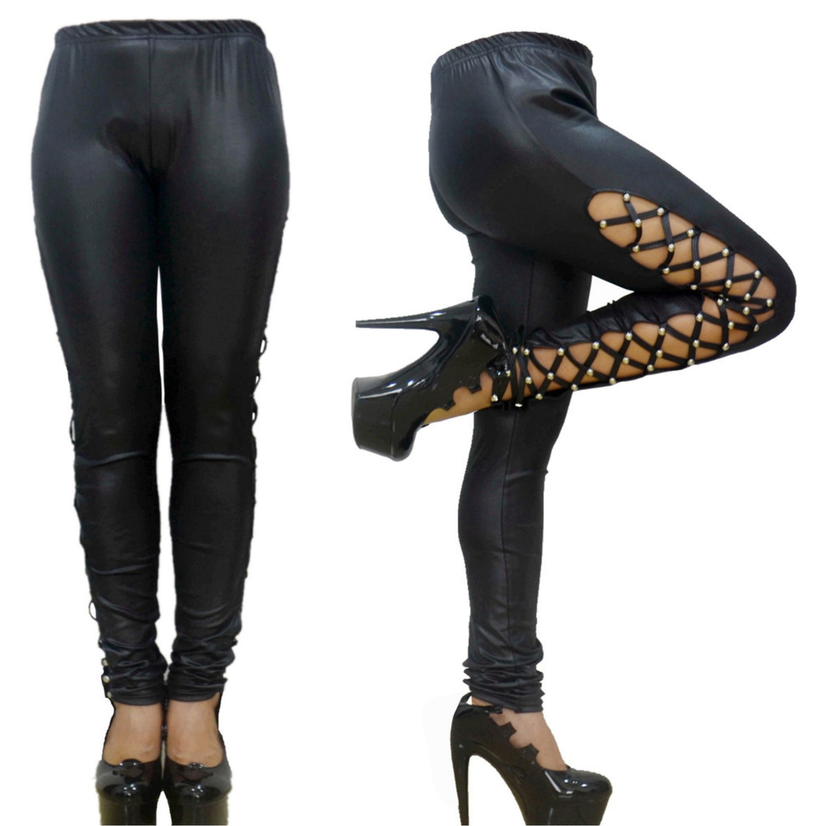YQ After Dark Lace-Up Faux Leather Leggings