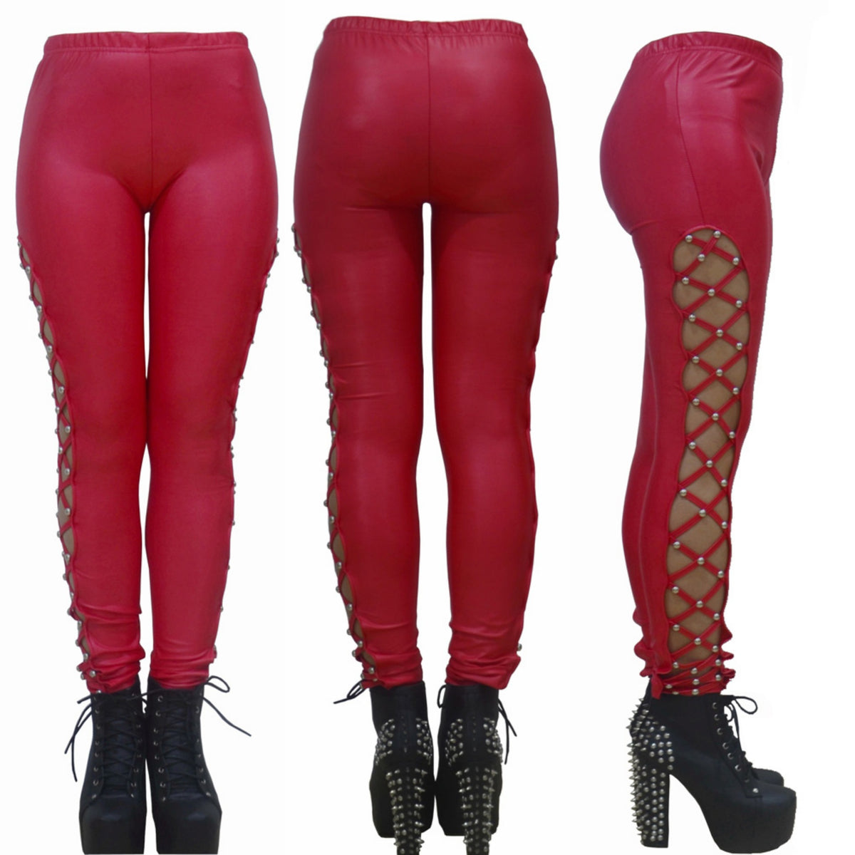 YQ After Dark Lace-Up Faux Leather Leggings