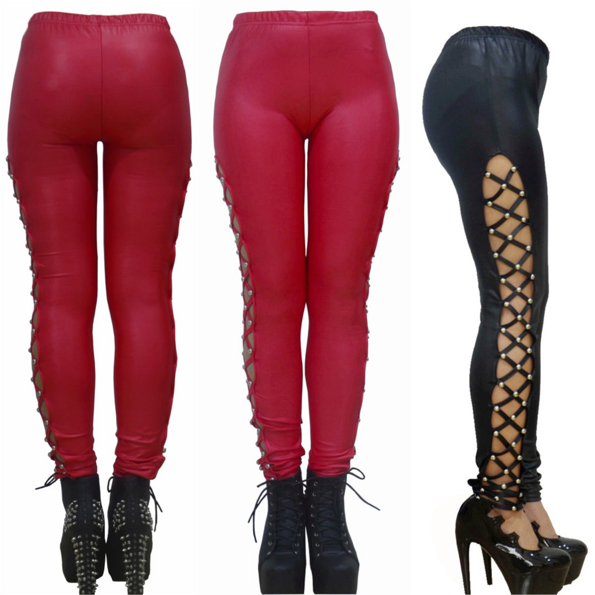 YQ After Dark Lace-Up Faux Leather Leggings