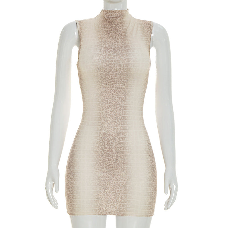 Half-high Neck Printed Sleeveless Waist-cinched Sheath Mini Dress