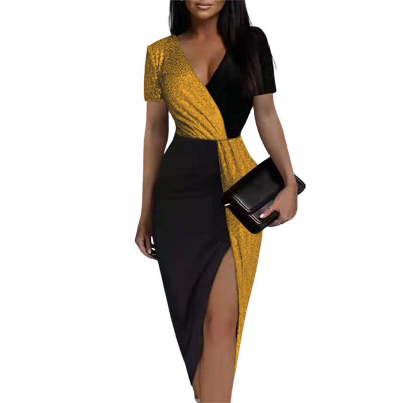 Contrast-color High-waisted Solid-color Elegant Office Dress