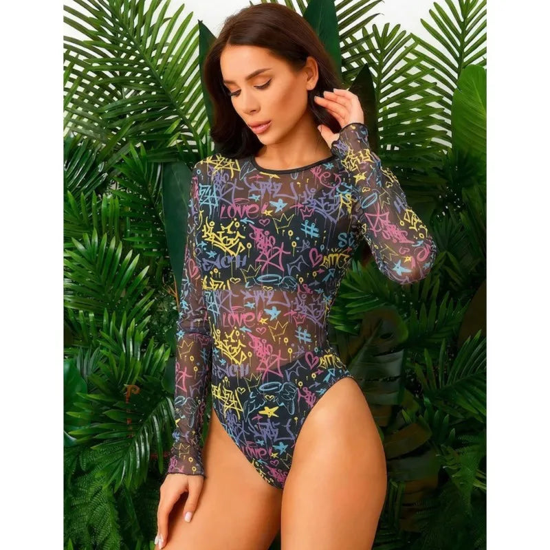 Mesh High Waist Sexy Swimsuit Women Summer Bathing Suit Bikini Set Long Sleeve Swimwear Beach Swimming Suit
