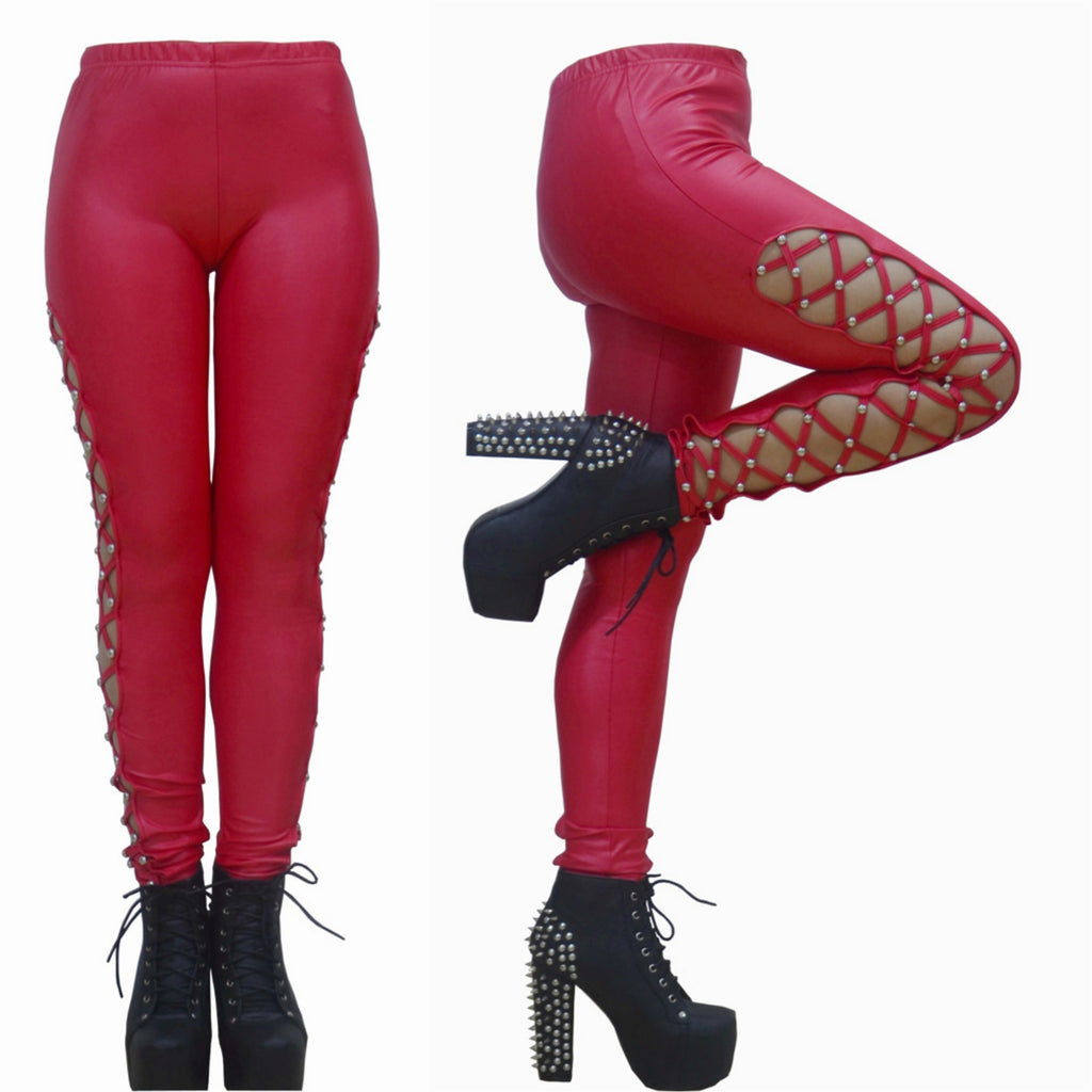 YQ After Dark Lace-Up Faux Leather Leggings